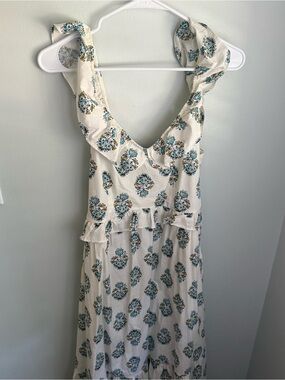 Floral Ruffle Midi Dress - Cream with Teal Print